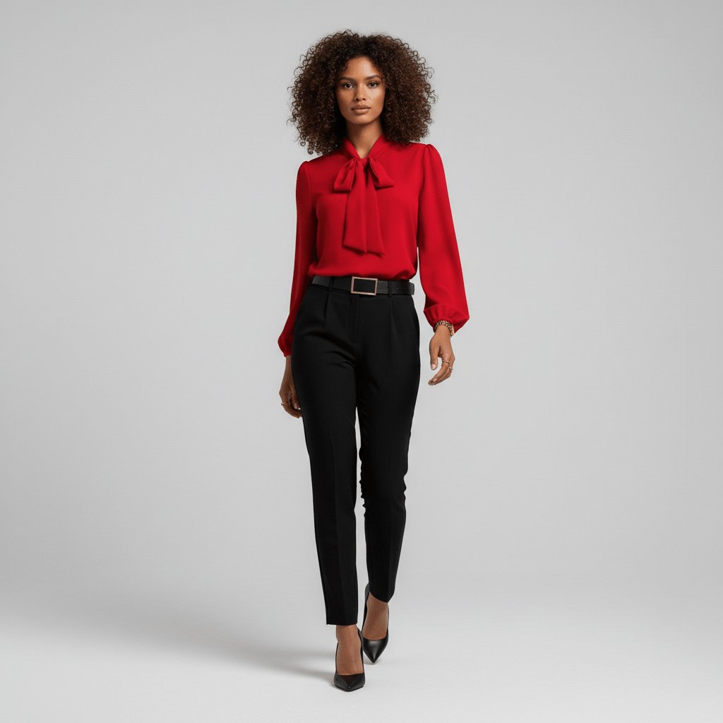 Formal women's top: bow tie neck, puff sleeves, ideal for professional workwear & elegant fashion.