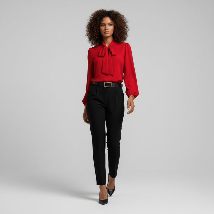 Formal women's top: bow tie neck, puff sleeves, ideal for professional workwear & elegant fashion.