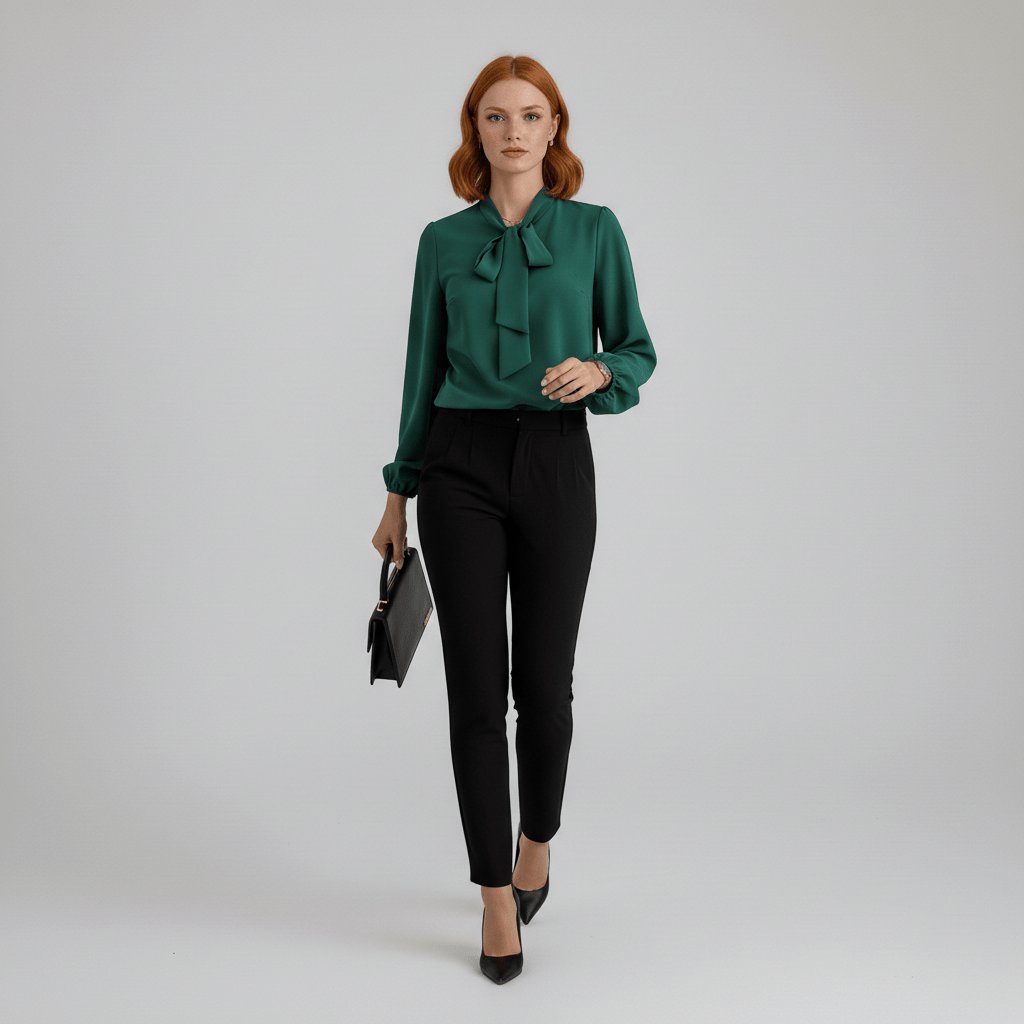 Fashionable long sleeve women's blouse featuring a distinct bow tie neck & trendy puff sleeves.
