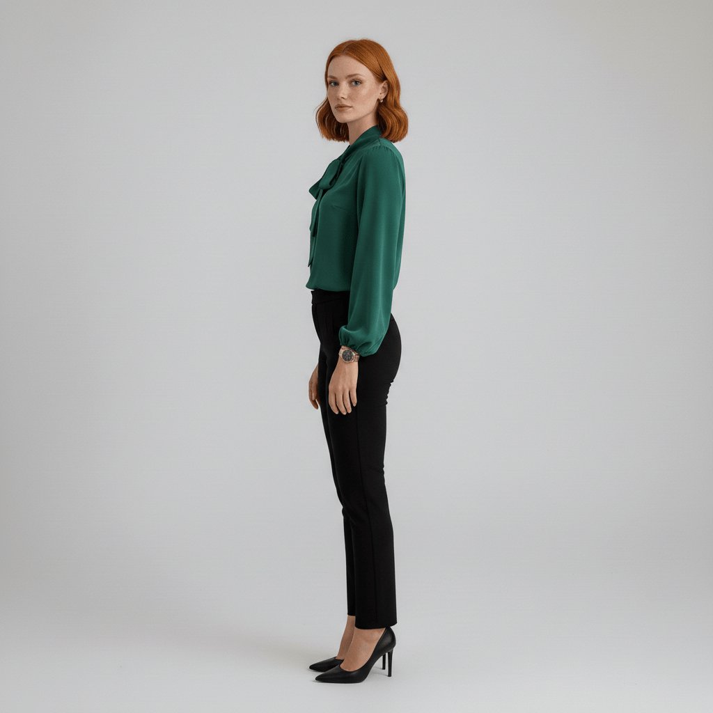 Professional women's workwear blouse with an elegant bow tie neck & charming puff sleeves.