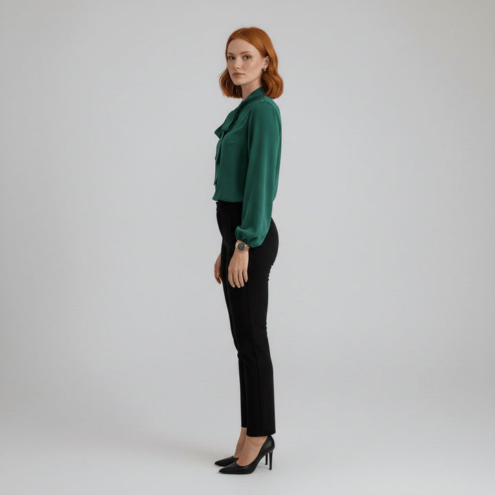 Professional women's workwear blouse with an elegant bow tie neck & charming puff sleeves.