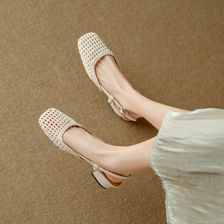 Stylish braided strap slingback block heel sandals for women, comfortable summer footwear.