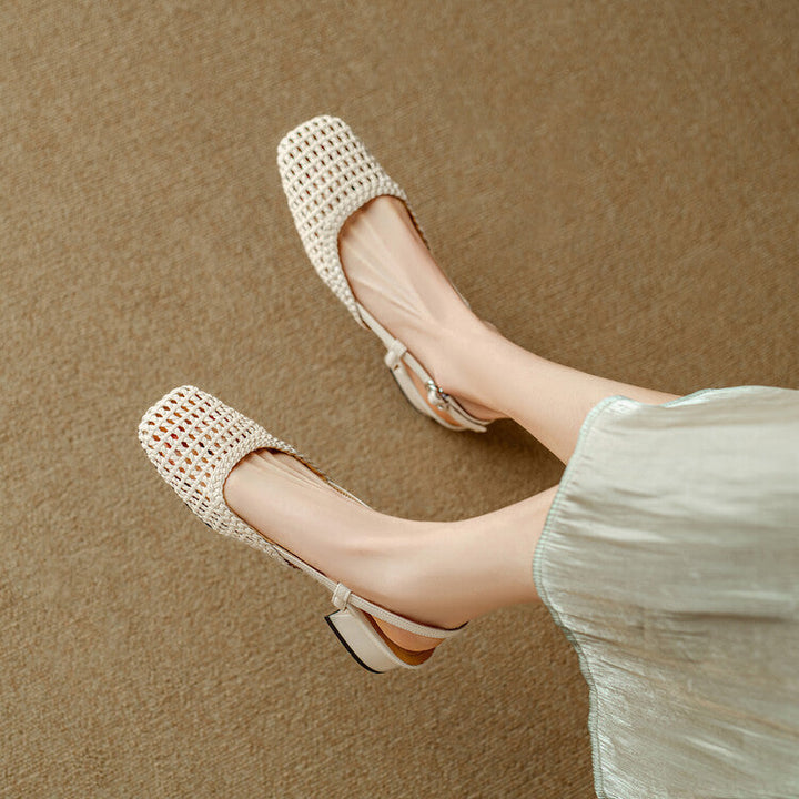 Stylish braided strap slingback block heel sandals for women, comfortable summer footwear.