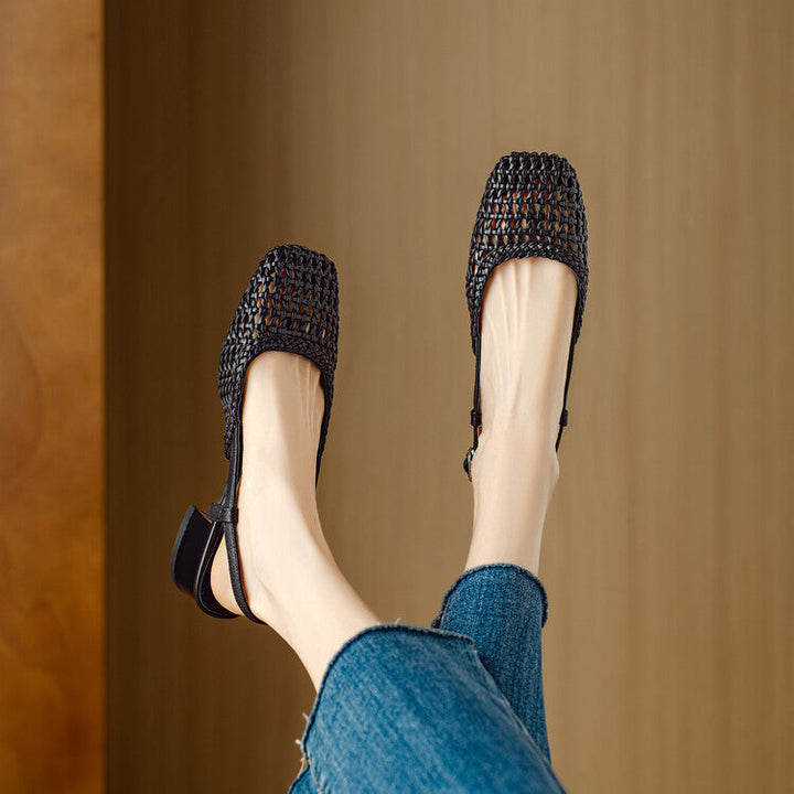 Comfortable women's block heel sandals featuring chic braided slingback straps. Perfect for all-day wear.