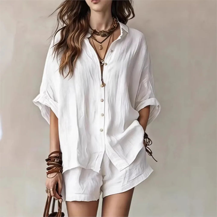 Relaxed fit women's shorts lounge set with elastic waist, breathable fabric for ultimate summer comfort.
