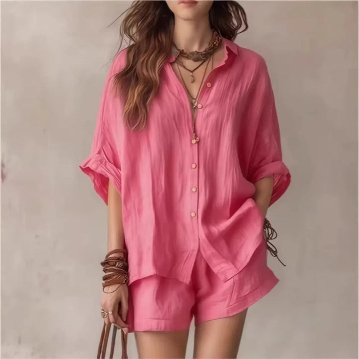 Women's casual shorts and matching top lounge set, two-piece, breathable fabric, relaxed fit for summer.