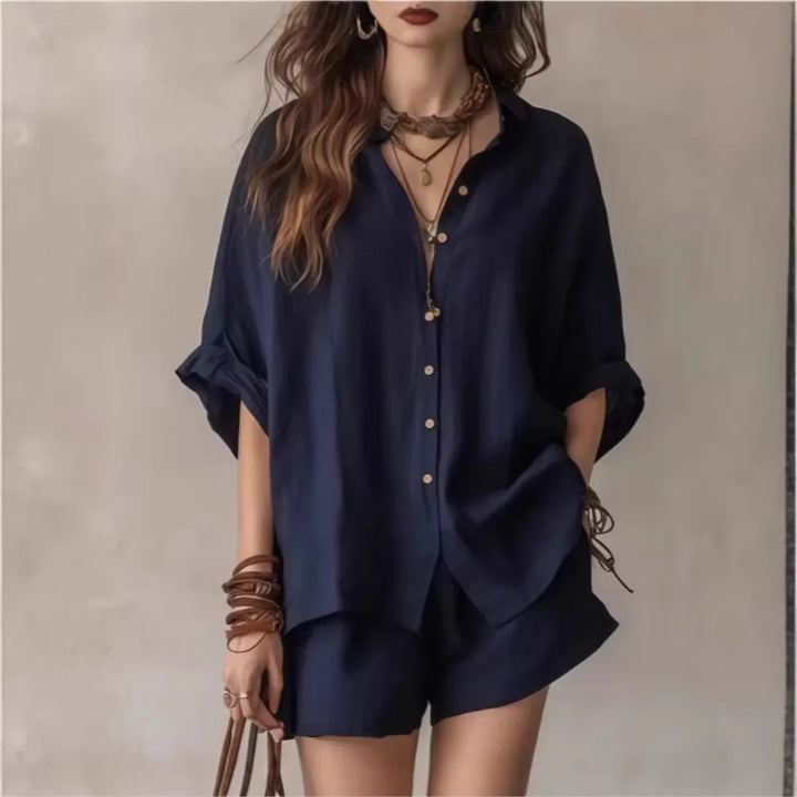 Womens apparel two-piece lounge set, breathable fabric, ideal for summer casual wear and relaxed days.