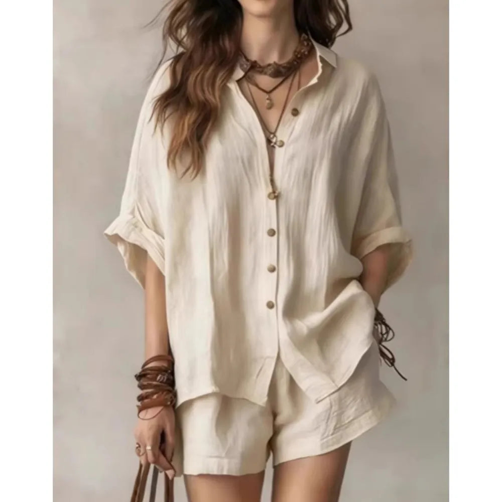 Comfortable women's breathable shorts set, 2-piece casual summer outfit with elastic waist for lounging.