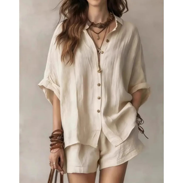 Comfortable women's breathable shorts set, 2-piece casual summer outfit with elastic waist for lounging.