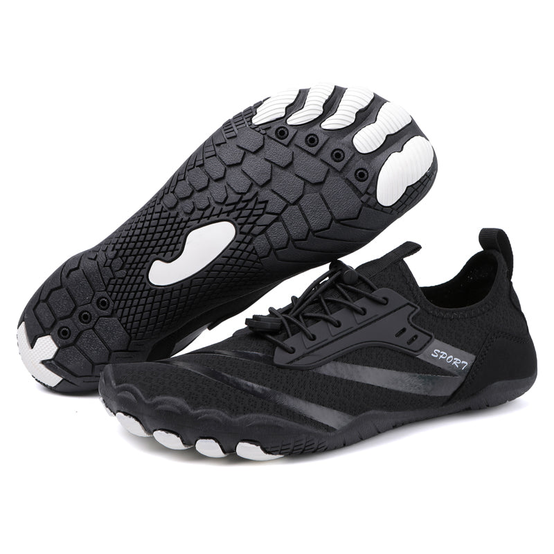 Top-down view of women's lightweight barefoot shoes, ergonomic design for natural foot splay.