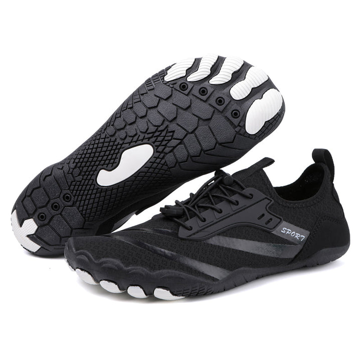 Top-down view of women's lightweight barefoot shoes, ergonomic design for natural foot splay.