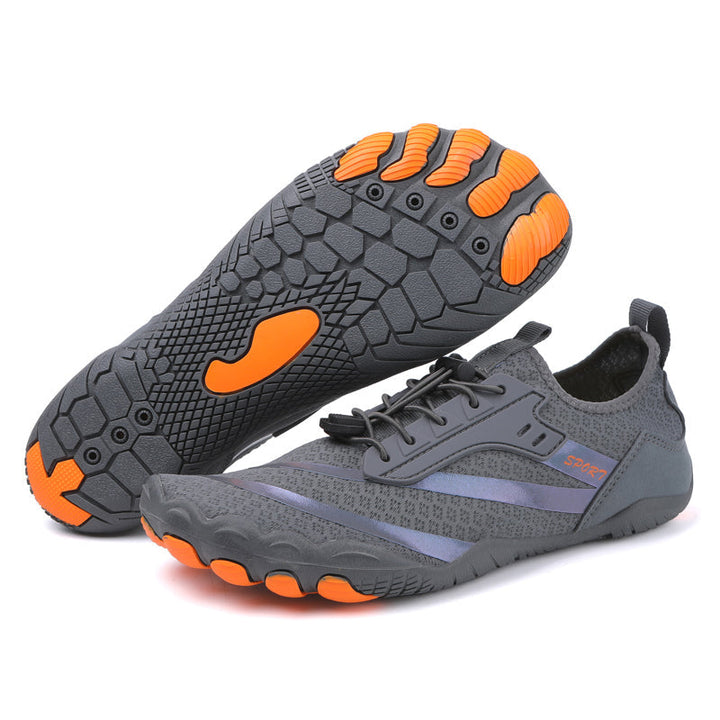Rear view of women's breathable sport shoes, showcasing heel design for secure fit & natural movement.