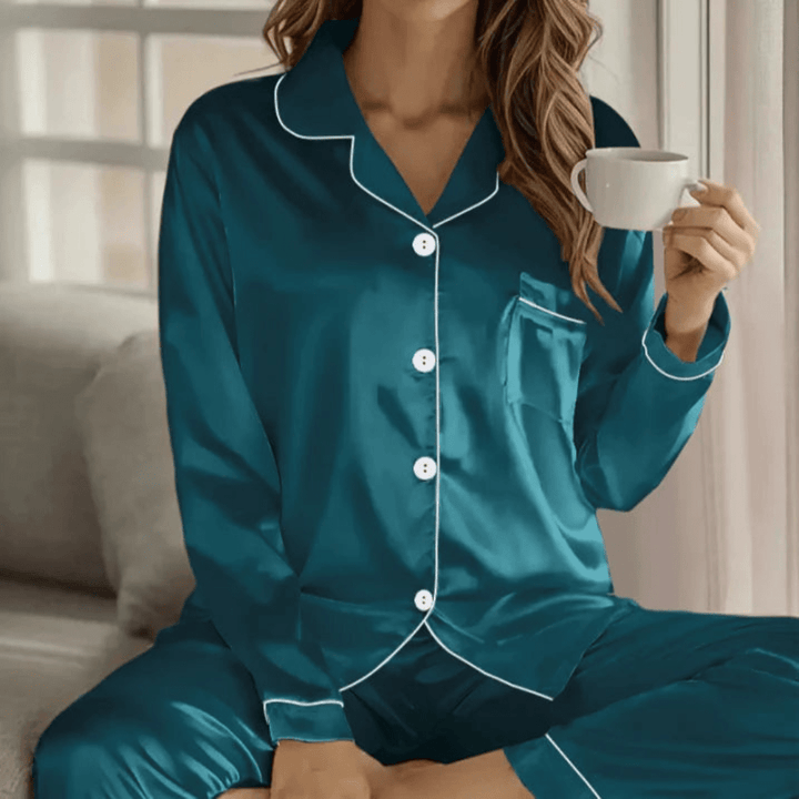 Women's breathable button-front pajama set for relaxed comfort and sleepwear.