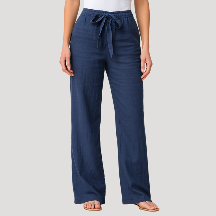 Women's breathable linen straight leg drawstring trousers, perfect for comfortable summer casual wear.