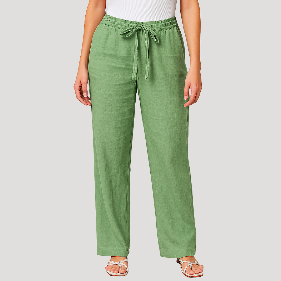 Women's stylish straight leg linen trousers with drawstring waist, ideal for comfortable casual summer fashion.