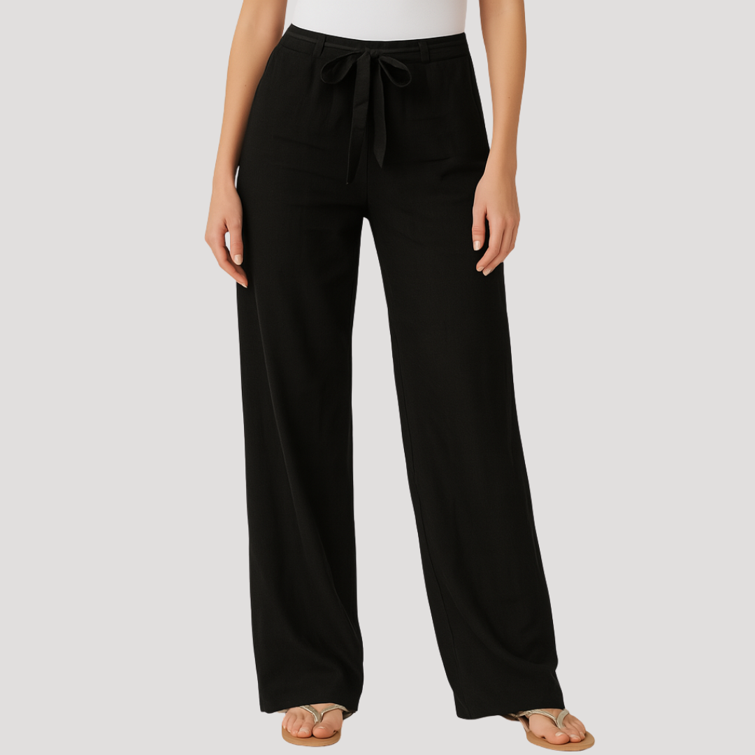 Full length view of women's comfortable breathable linen straight leg pants with adjustable drawstring.