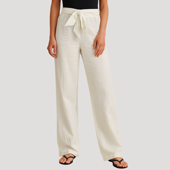 Soft, breathable women's linen trousers in a relaxed straight leg fit with an adjustable drawstring waist.