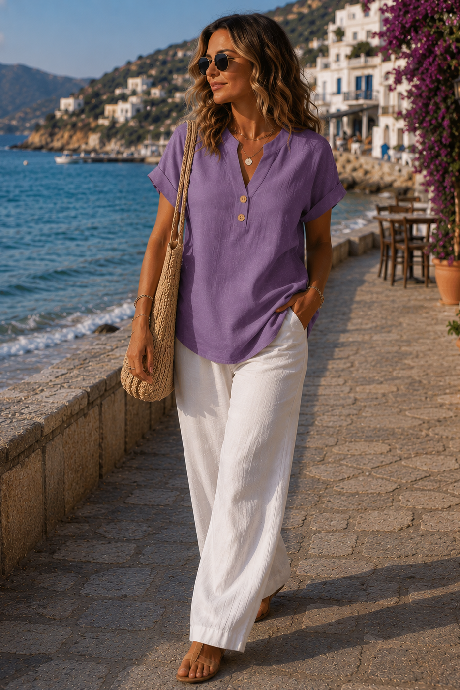 Relaxed fit women's casual shirt, breathable and stylish with button details, great for summer fashion.