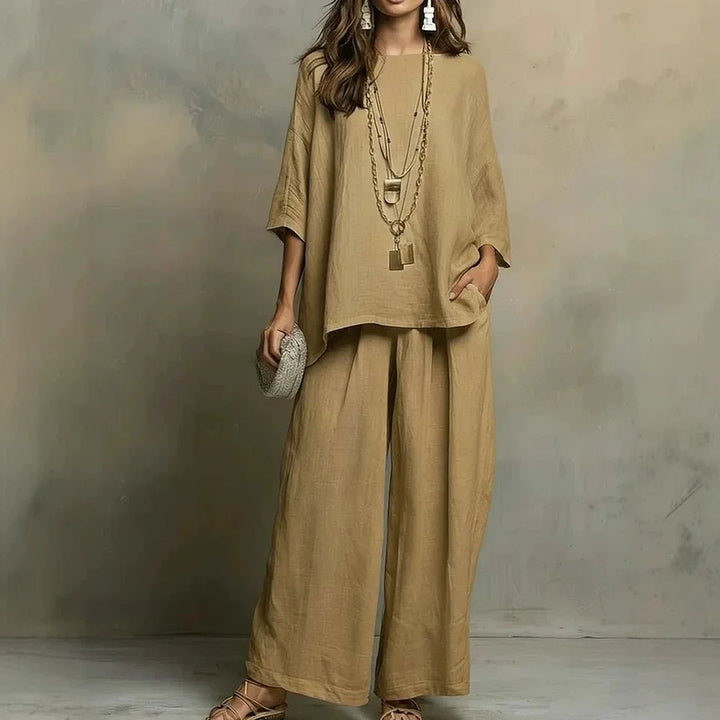 Women's breathable relaxed pant set with wide-leg pants, perfect for comfortable casual wear and summer travel.