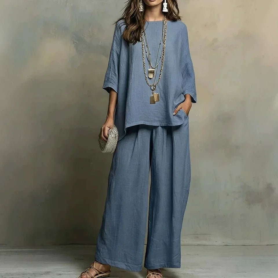 Effortless style two-piece women's pant set, featuring wide-leg trousers for a relaxed, fashionable summer outfit.