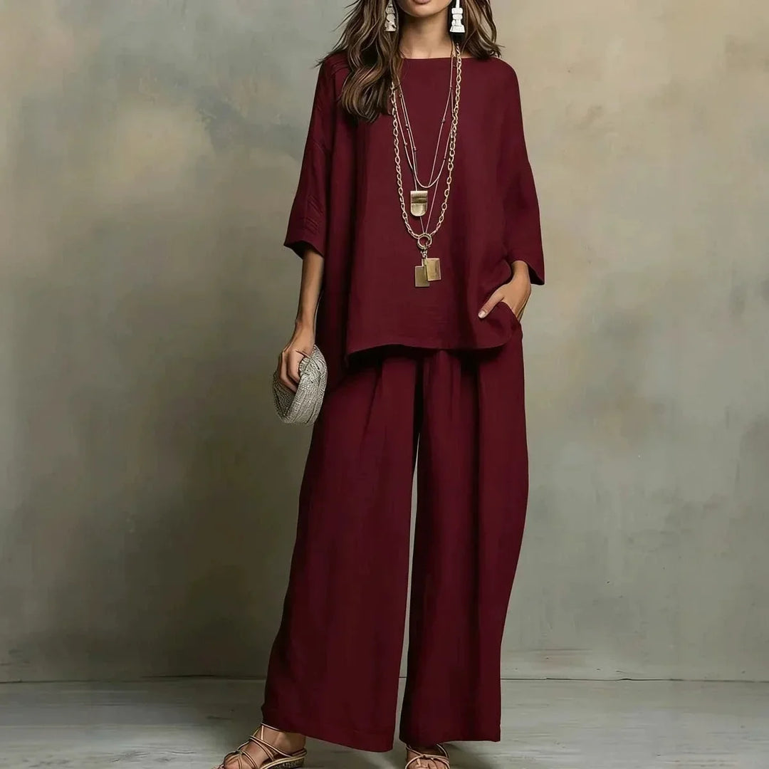 Comfortable, breathable women's matching pant set; ideal for relaxed travel wear or a chic summer casual outfit.