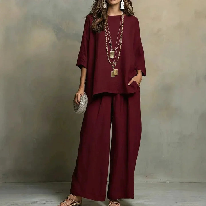 Comfortable, breathable women's matching pant set; ideal for relaxed travel wear or a chic summer casual outfit.