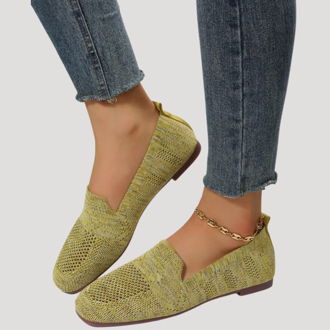 Modern square toe ballet flats for women. Fashionable, breathable slip-on comfort footwear.