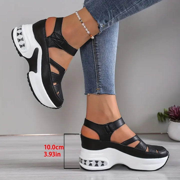 Women's cutout wedge platform sandals with a supportive sole & adjustable strap, ideal for comfortable walking.
