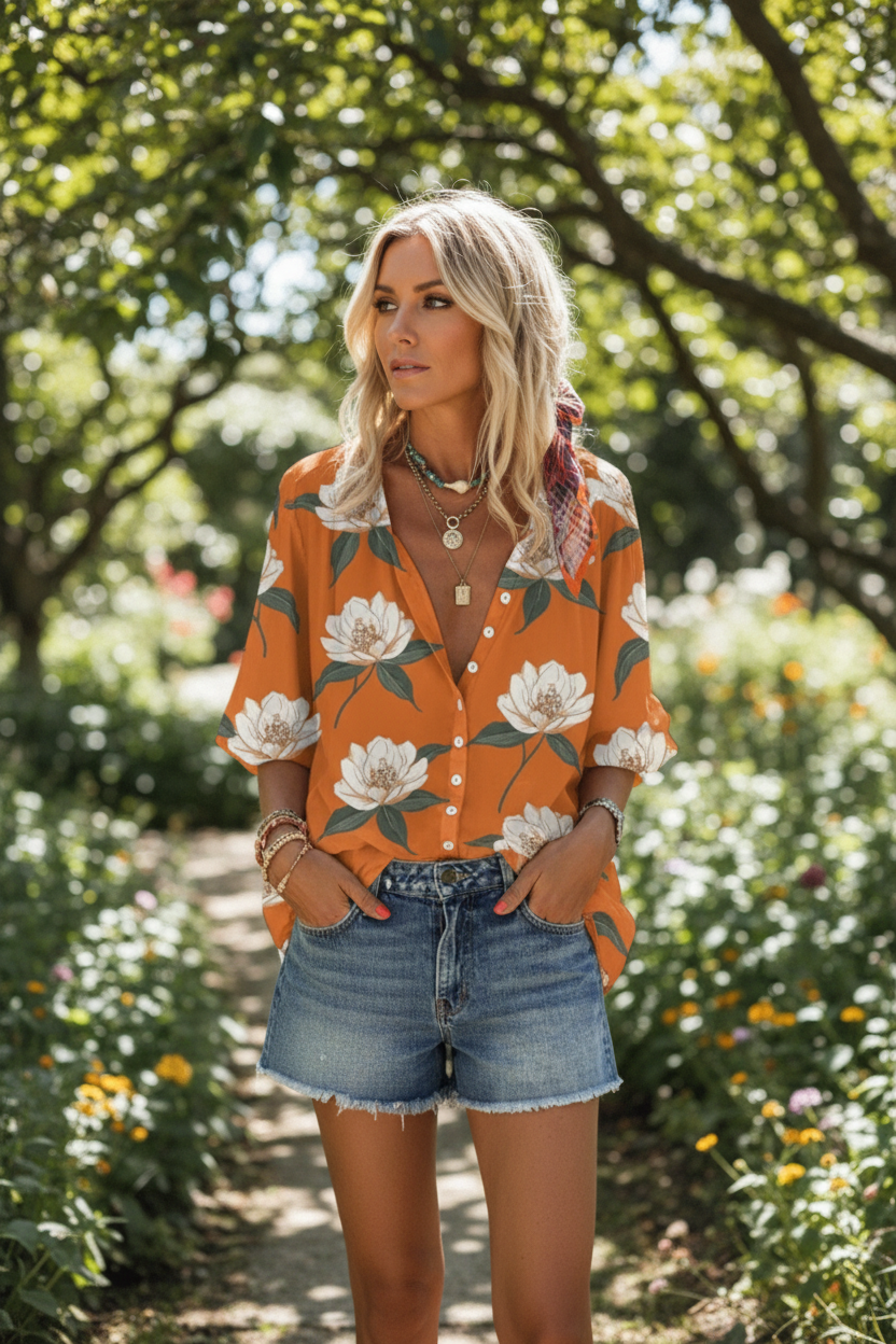 Elegant women's printed summer blouse with a relaxed fit, perfect for casual daywear.