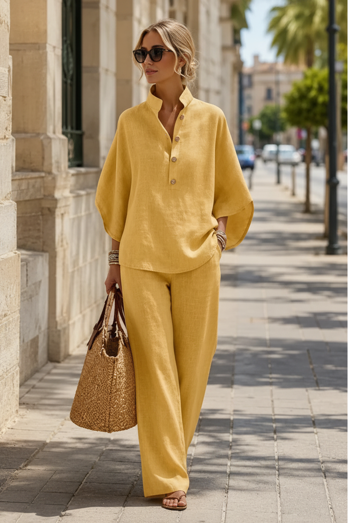 Women's breezy two-piece set with wide-leg trousers, perfect for comfortable summer casual wear.