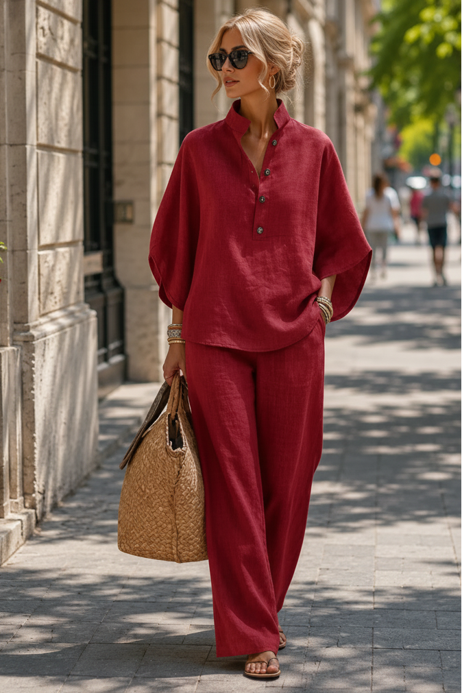 Lightweight women's two-piece set with flowy wide-leg trousers, ideal breezy summer lounge wear.