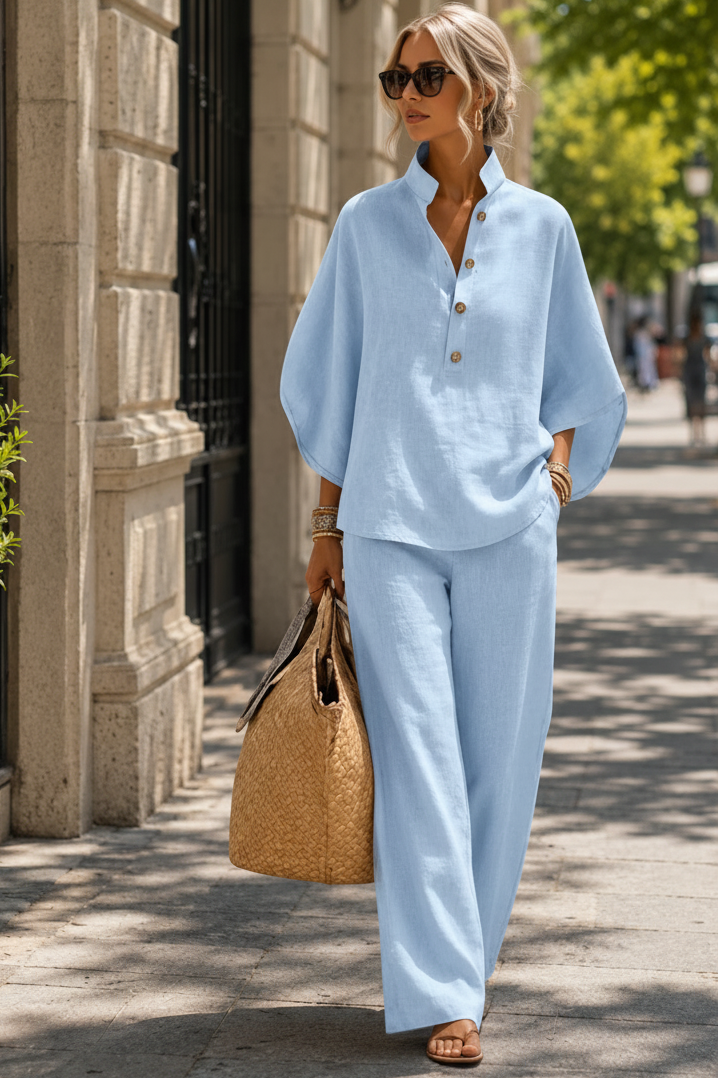 Breezy women's two-piece set, a chic and comfortable matching outfit with wide-leg trousers for summer.