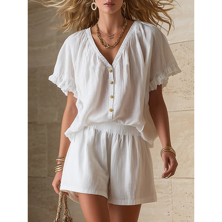 Women's Brinley casual outfit: flutter sleeve top & matching shorts. A comfortable summer loungewear set.