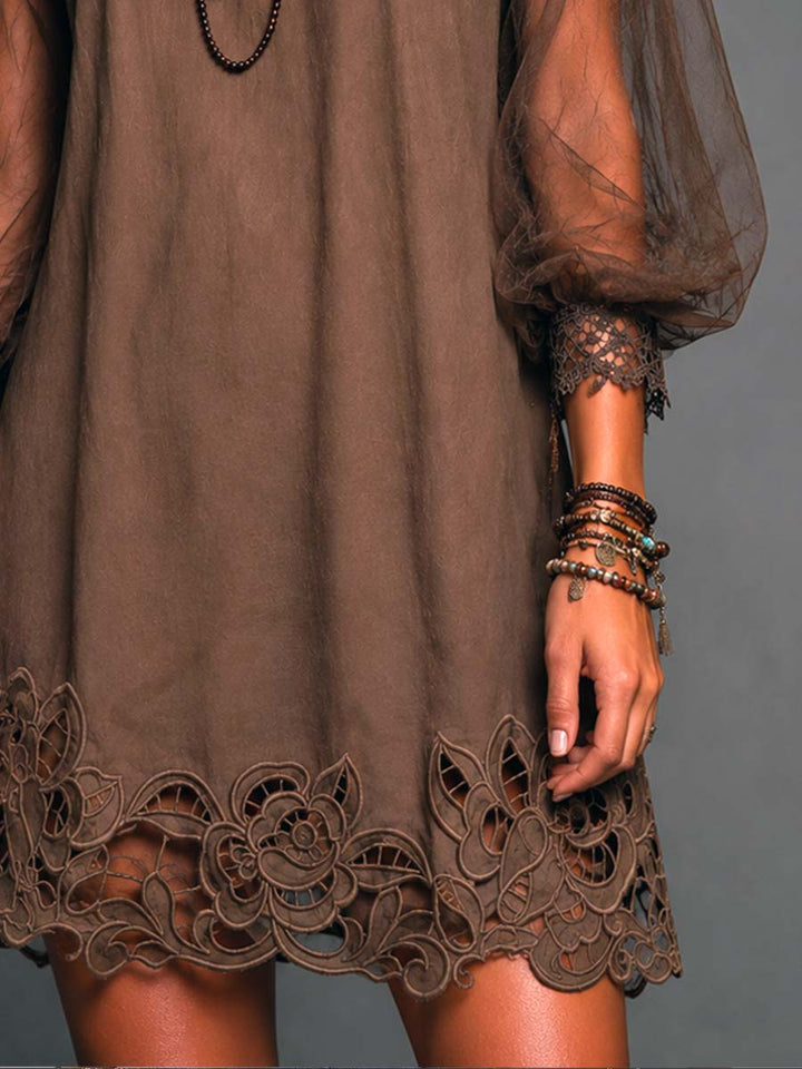 Stylish women's brown floral mini dress. Boho-inspired with sheer sleeves & crochet details. Ideal for summer fashion.