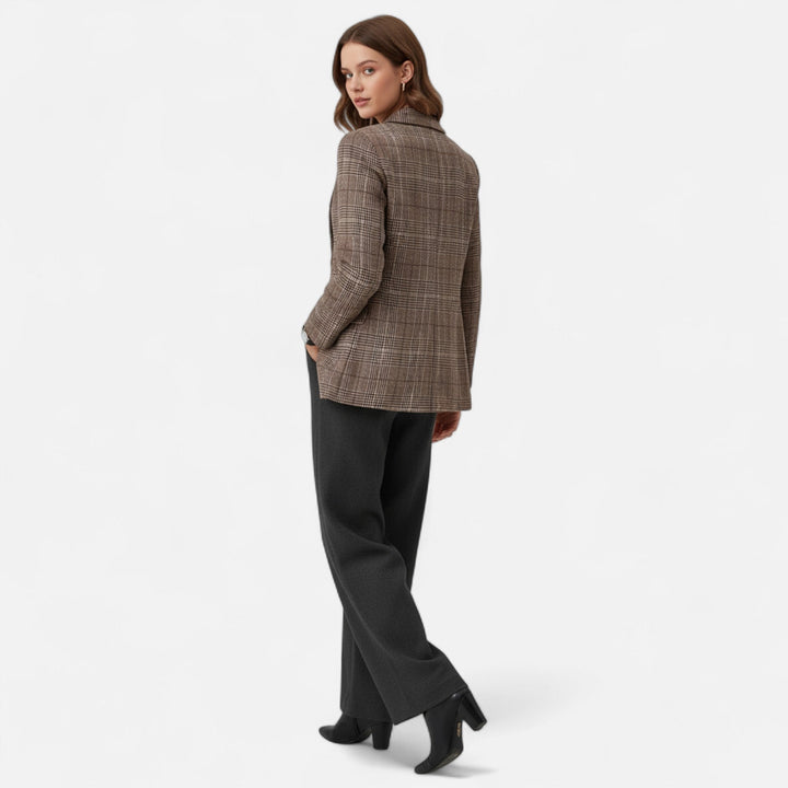 Heritage style women's brown plaid blazer, single-breasted, offering versatile fashion for elegant and professional looks.
