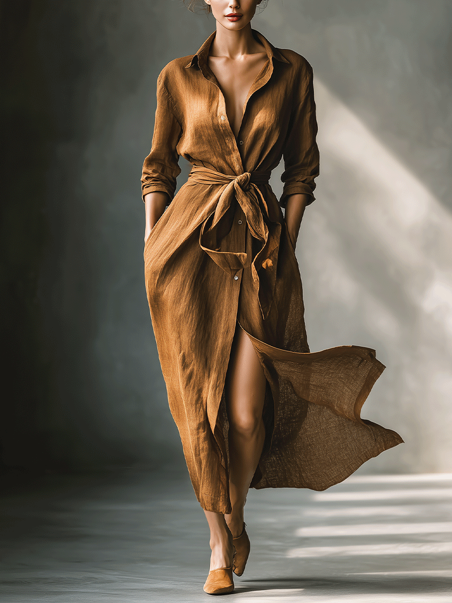 Women's brown V-neck long sleeve maxi shirt dress with tie waist. Perfect for casual everyday wear & fall fashion.