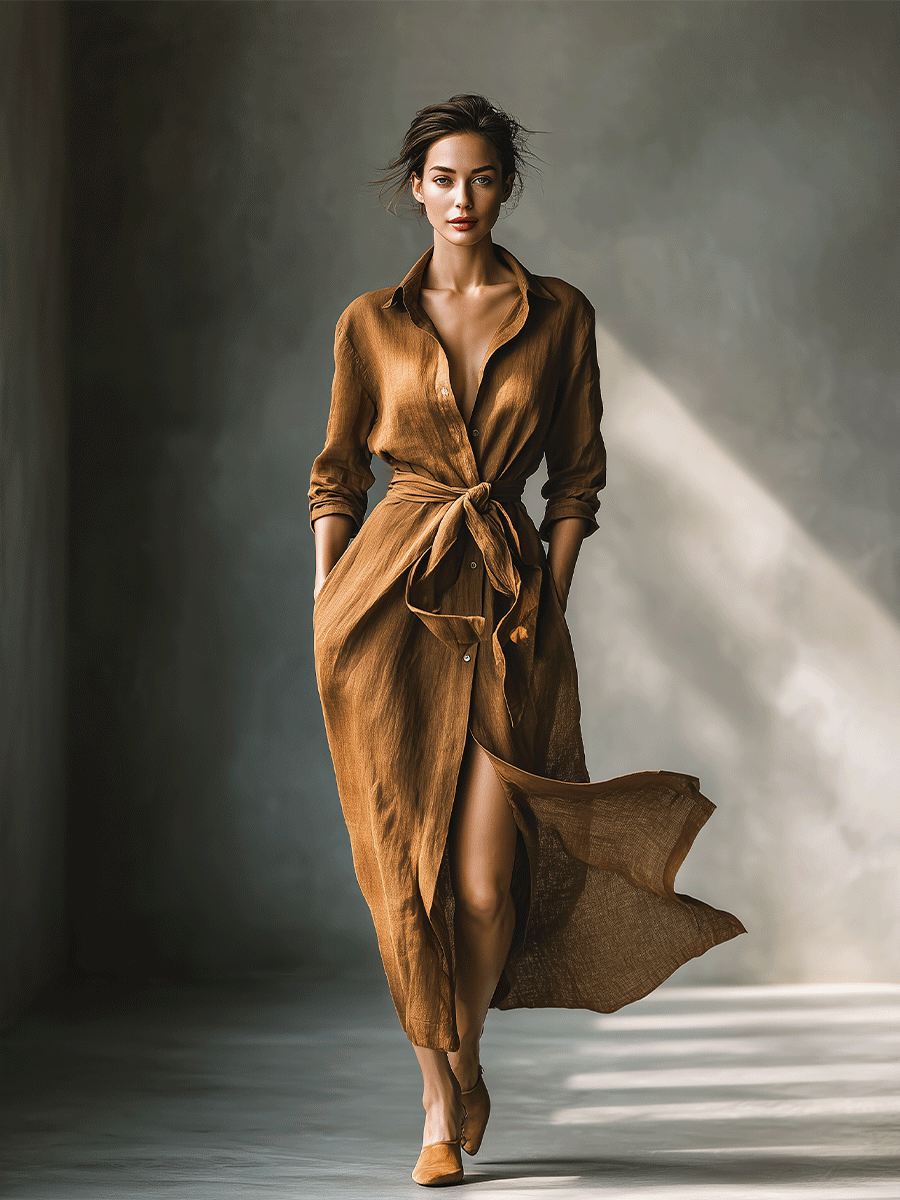 Effortless brown maxi shirt dress for women. Features V-neck, long sleeves, and tie waist. Comfortable fall fashion.