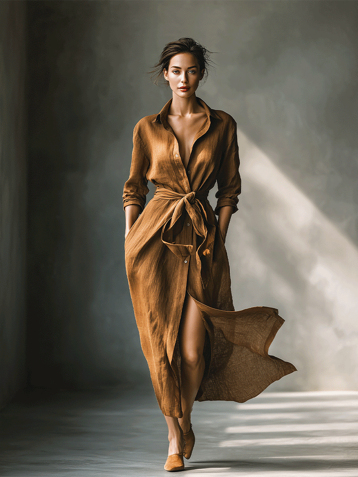 Effortless brown maxi shirt dress for women. Features V-neck, long sleeves, and tie waist. Comfortable fall fashion.