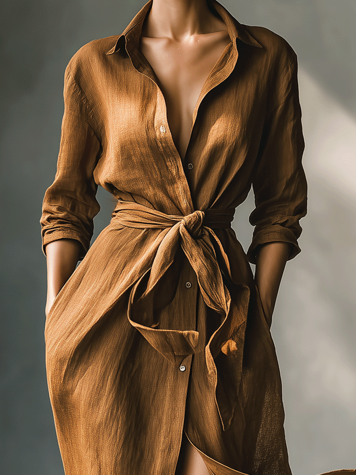 Elegant women's brown long sleeve V-neck maxi shirt dress. Versatile for casual or dressed-up everyday wear.