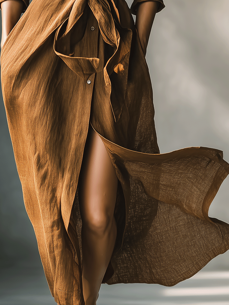 Stylish brown shirt dress, women's V-neck long sleeve maxi. Ideal for fall, offering comfortable and versatile style.