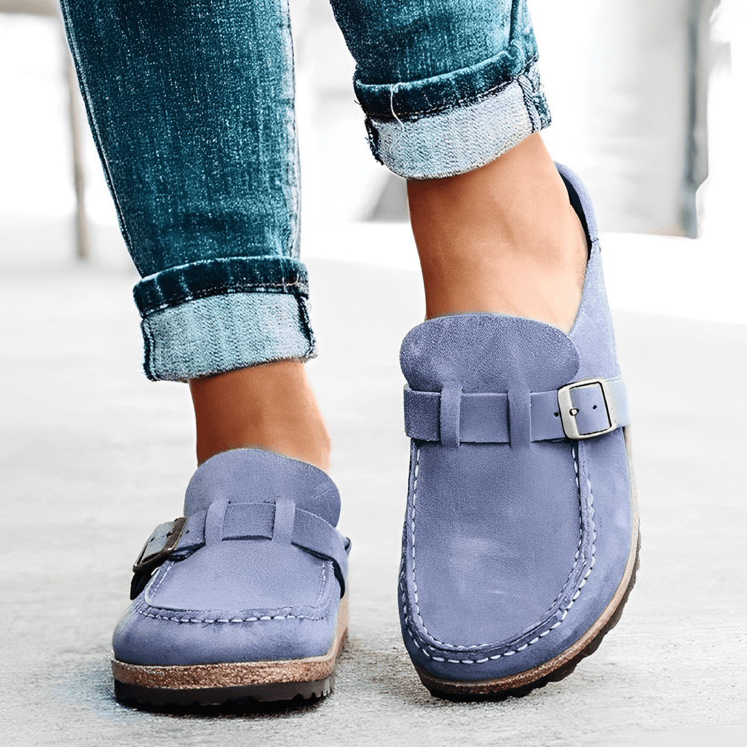Detail of the Brynn orthopedic mule's cushioned interior, ensuring maximum comfort & arch support for women's feet.