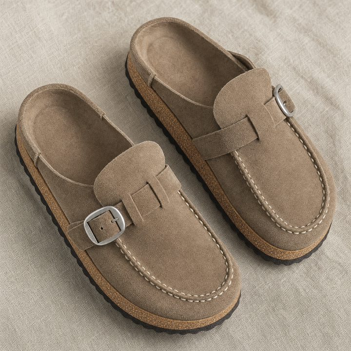 Close-up of the Brynn orthopedic mule's footbed, highlighting advanced arch support for ultimate comfort.