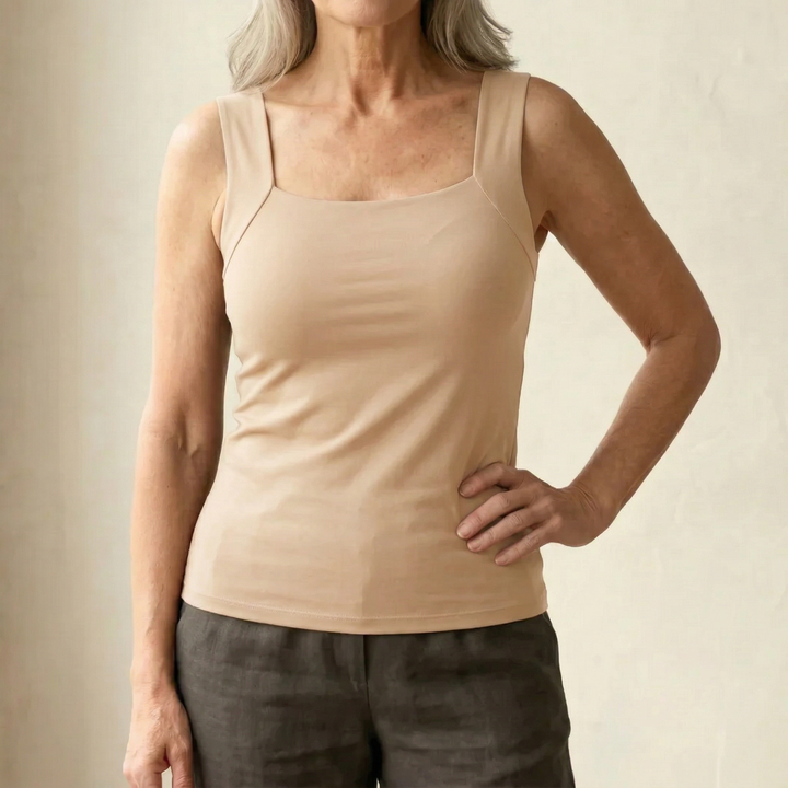 Wire-free built-in bra tank top for women, providing all-day comfort and supportive fit.