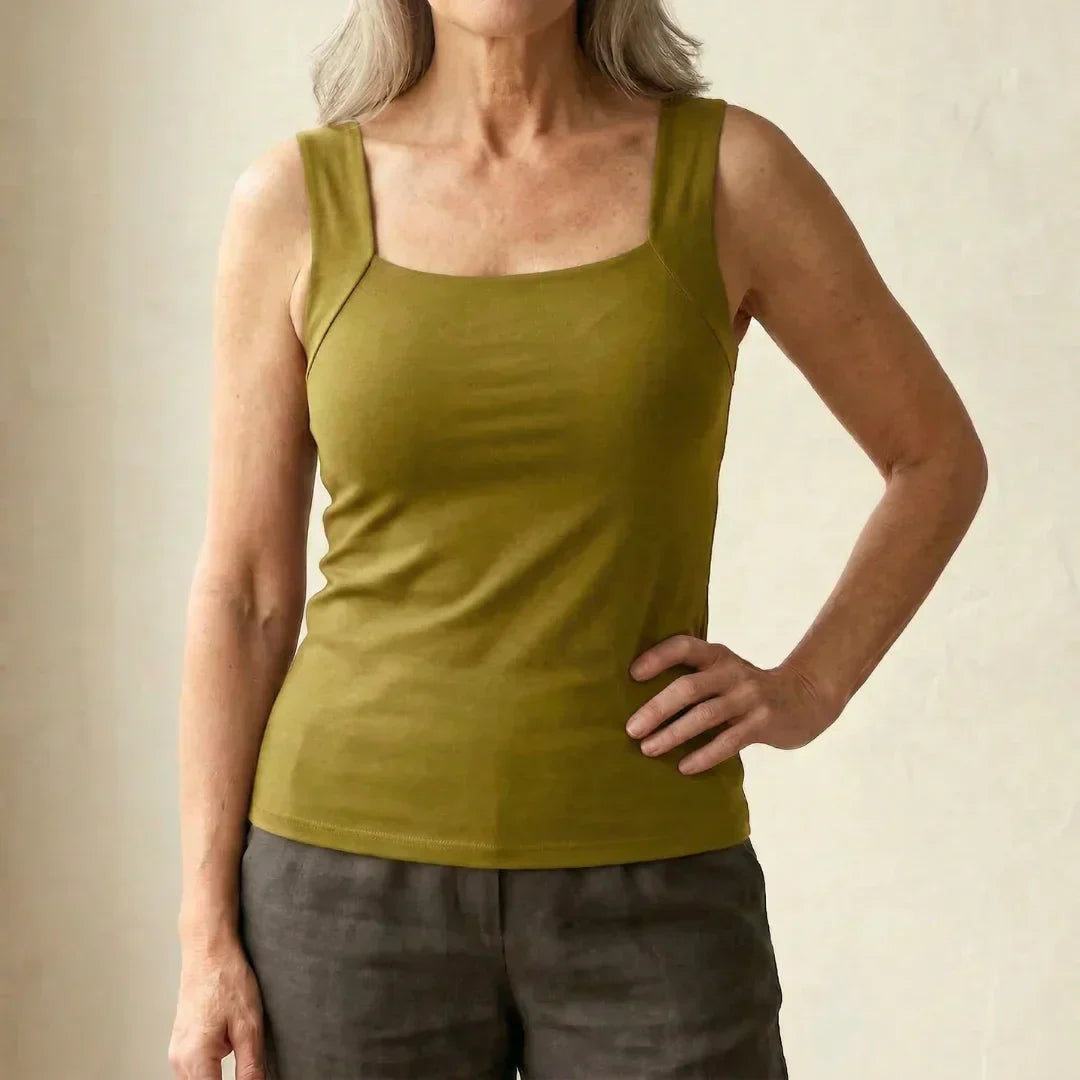 Casual summer tank for women, built-in bra offering comfortable, wire-free support.