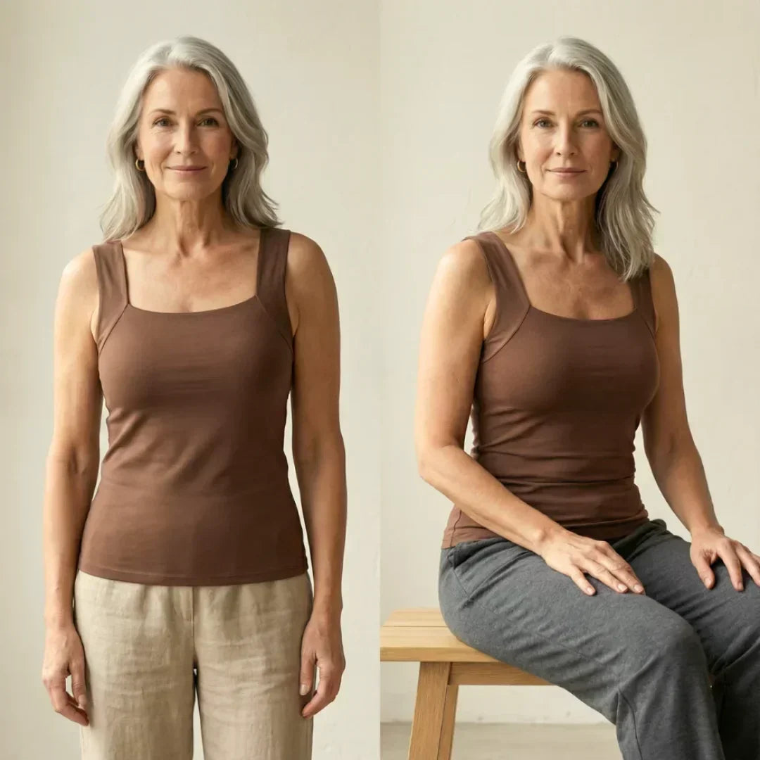 Plus size women's tank top with built-in bra, offering wire-free support & all-day comfort.