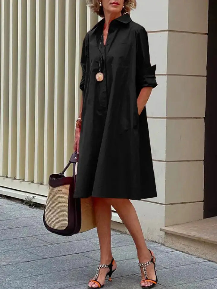 Women's button-front A-line midi shirt dress, a versatile long sleeve casual and smart casual option.