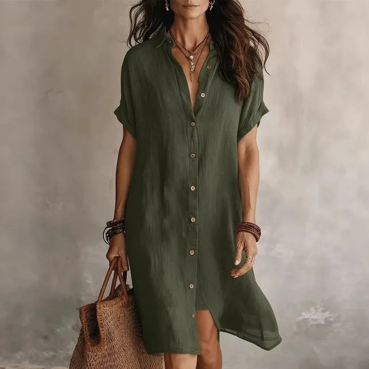 Versatile women's short sleeve midi dress, button-front design, relaxed fit for comfortable travel and casual wear.