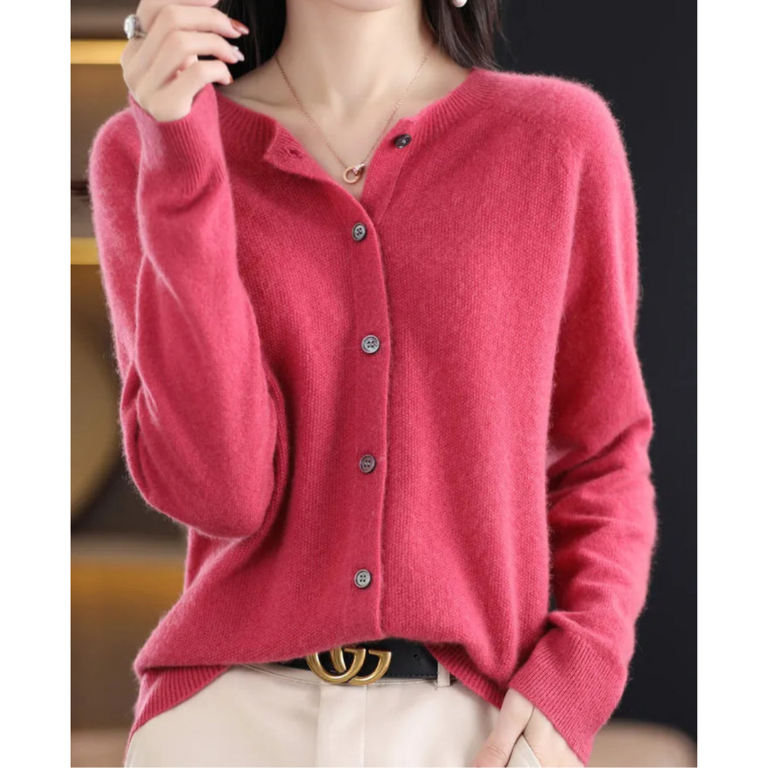 Women's button-front O-neck cardigan, perfect for office and casual layering.