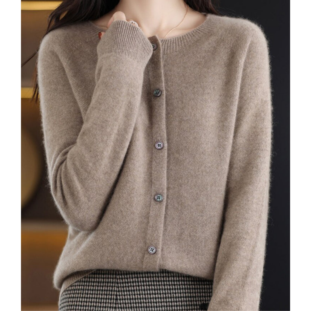 Lightweight women's O-neck button cardigan, excellent for layering in both office & casual settings.
