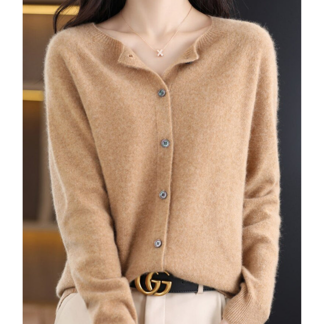 Stylish women's O-neck cardigan, featuring a button front, ideal for versatile office and casual looks.